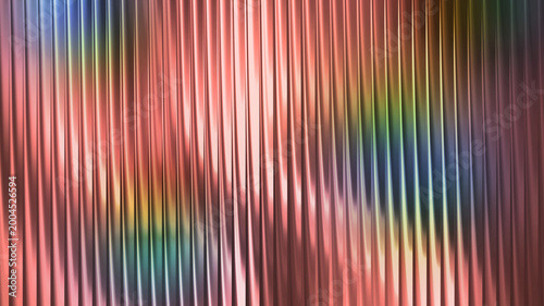 Abstract holographic gradient background with vertical glass lines, iridescent rainbow reflections on coral red texture, futuristic metallic stripes, vibrant modern design backdrop. 