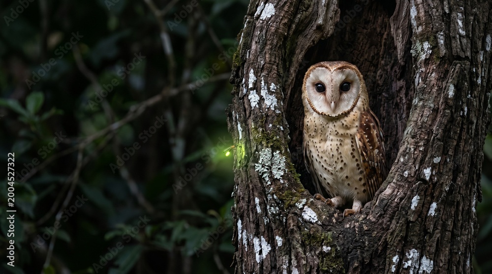 Fototapeta premium Owl Perched in Tree Hollow
