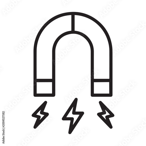 Bilde på lerret Minimalist black and white line art illustration of a horseshoe magnet generating electrical energy or force with three lightning bolt icons