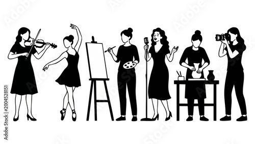 Foto Creative women performing arts hobbies and professions set - black and white vec