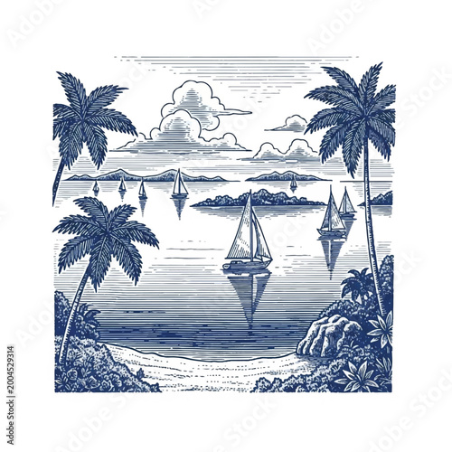 Sailing yacht on calm tropical waters.
