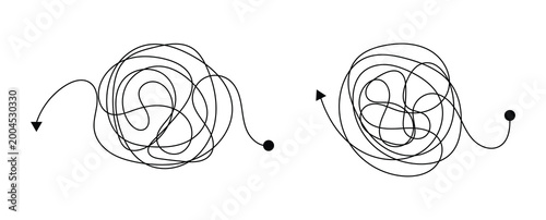 Messy tangle continuous one line drawing of chaos and confusion turning into a clear path and target. Vector illustration.