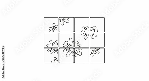 Abstract amoeba-like shapes with circles inside squares, arranged in a grid