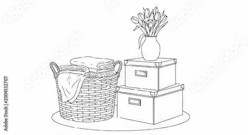 A woven basket overflowing with folded textiles sits beside stacked boxes