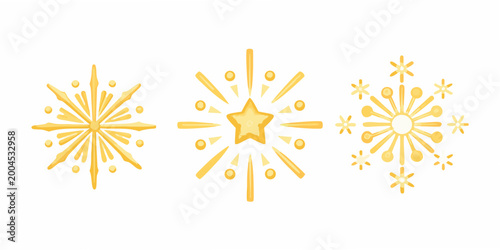 Foto Three golden starbursts and a central star shine on a white background
