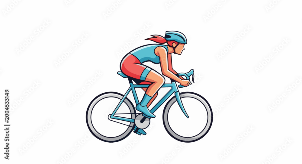 Fototapeta premium A stylized female cyclist in a blue helmet, teal top, and red shorts