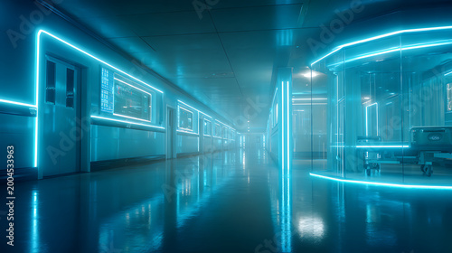 AI-Controlled Futuristic Hospital Corridor: Neon Lighting, Clean Architecture, Advanced Healthcare, Digital Interior, Copy Space