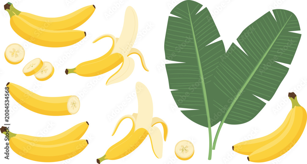 Obraz premium Banana and Leaf Vector Set Featuring Fresh Bananas, Sliced Pieces, and Large Banana Leaves for Food, Nature, and Tropical Designs