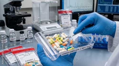 Professional drug analysis action in laboratory environment with evidence samples overview