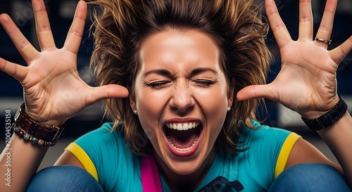 Woman Screaming Excitedly, Hands Up, Eyes Closed, Expressing Extreme Emotion, Joyful Outburst