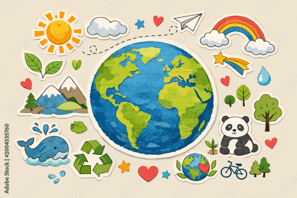 Obraz premium Earth Planet Scrapbook Doodle Sticker Collage, Hand Drawn Illustration of World Globe with Nature, Ecology, and Sustainability Icons like Panda, Whale, Recycling Symbol, Sun, Trees, and Rainbow.