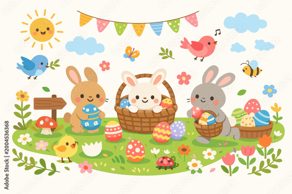 Naklejka premium Adorable Easter Egg Hunt Vector Illustration Featuring Cute Bunnies, Colorful Painted Eggs, Spring Flowers, Birds, and a Chick in a Sunny Meadow. Ideal for Holiday Invitations and Greeting Cards.