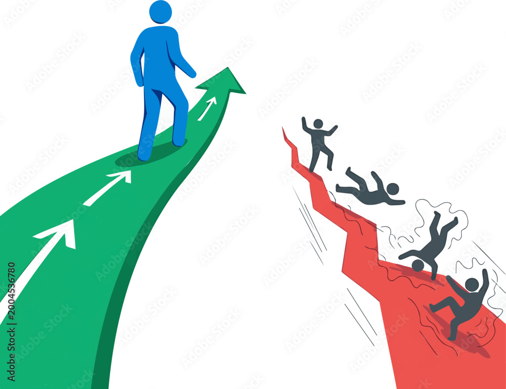 Fototapeta premium Blue figure walks upward on a green arrow while others fall down a sharp red line of financial decline today