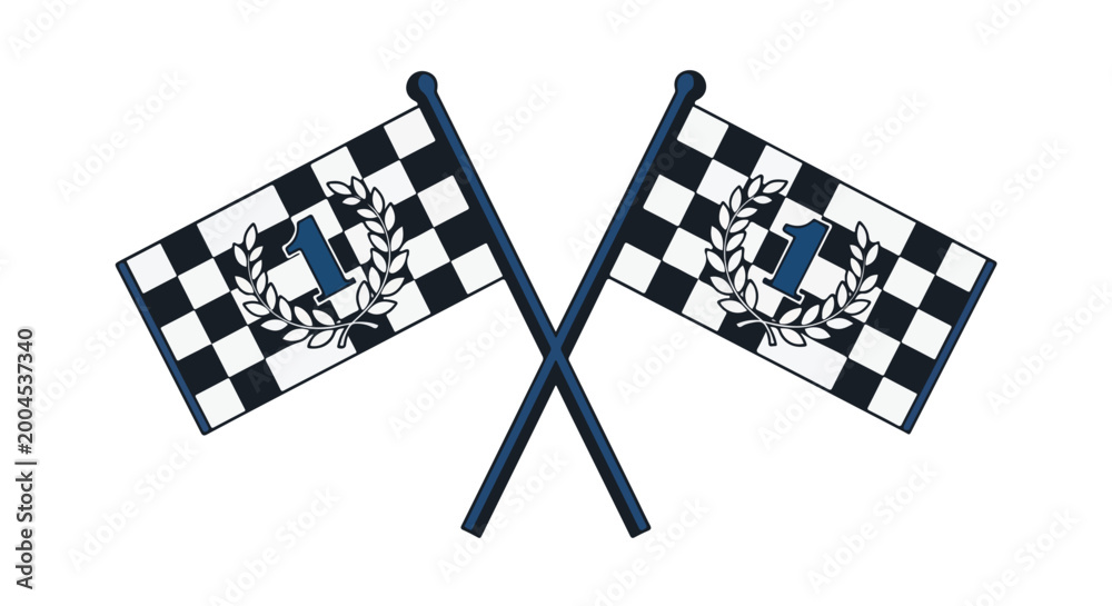 Fototapeta premium Two Crossed Racing Flags with Laurel Wreath and Number 1, Symbolizing Victory and Motorsport Competition