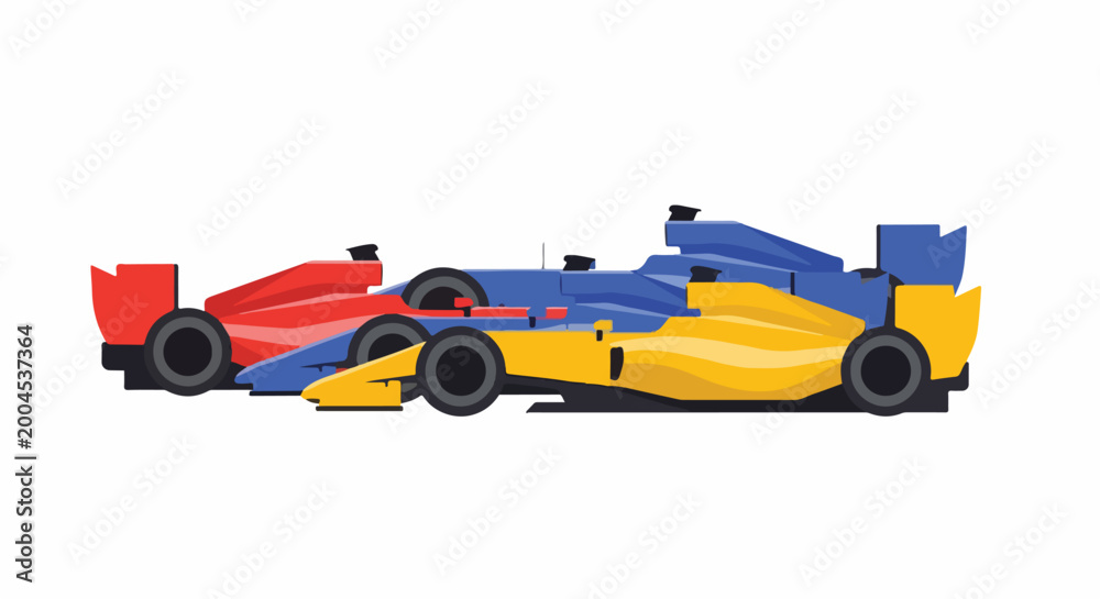 Fototapeta premium Two Formula 1 race cars, one red and one blue and yellow, competing side by side on a white background