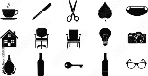 Household silhouette icons, black vector pack, everyday object shapes, office furniture clipart, personal accessory design, decorative graphic resource