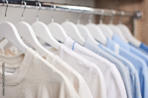 Canvas-taulu Row of various shirts hanging on white hangers on a metal rail inside a closet,