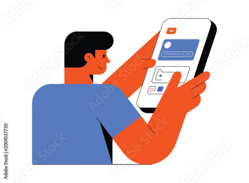 Modern flat vector illustration of man using smartphone, person holding mobile phone app interface