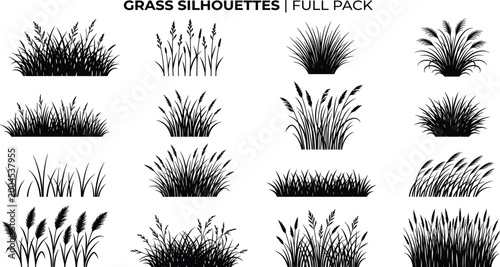 Grass, silhouettes, collection, set, black, plants, meadow, nature, lawn, icons, botanical, vector, design, isolated, white, background, garden, outdoor, reeds, wild.