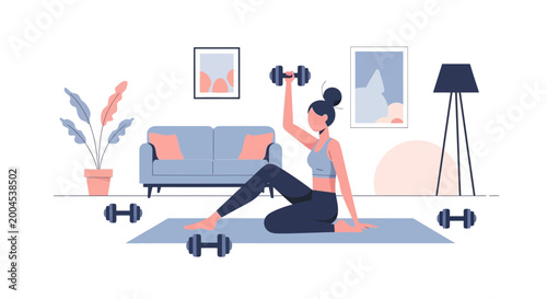 Bild auf Leinwand Woman doing dumbbell workout at home, fitness, healthy lifestyle, modern interio
