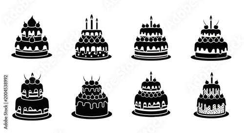 Collection of birthday cakes with candles for celebration, suitable for festive and party design projects