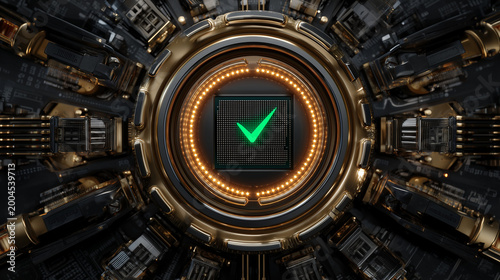 This advanced security and identity verification system features a circular icon, with a glowing green checkmark indicating successful verification.