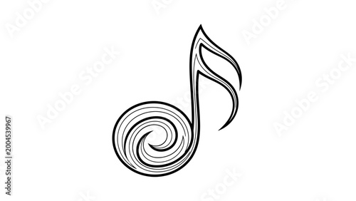 Bild auf Leinwand A stylized black musical note with a swirled tail on a white background