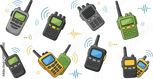 Cuadro en lienzo Set of 9 Walkie-Talkie Vector Illustrations with Colorful Designs, Wireless Comm