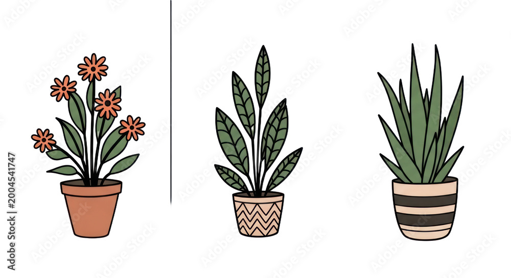 Obraz premium Three potted plants with lush green foliage for interior decor or office decoration inspiration