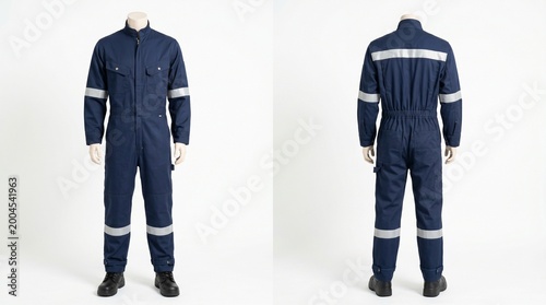 Navy Blue Industrial Safety Coverall with Reflective Strips Front and Back View