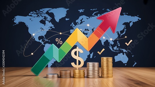 Financial analytics concept with percentage dollar icons and rising arrow over coins representing economic growth 