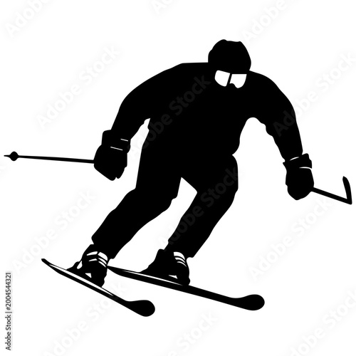 Photography Black silhouette of ice hockey player skating with stick on ice in monochrome