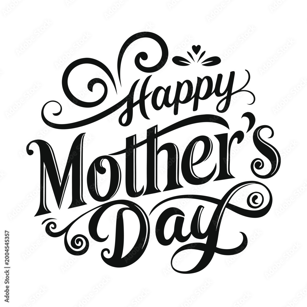 Fototapeta premium Happy Mother's Day elegant calligraphy text with hearts and decorative swirls, red and black script lettering isolated on white background