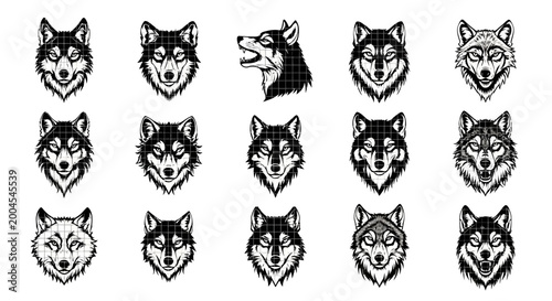 Fotografía Collection of stylized wolf head illustrations in monochrome featuring fierce ex