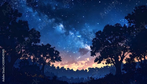 Night landscape star-studded sky shines above dark trees, hinting at a golden sunset beyond