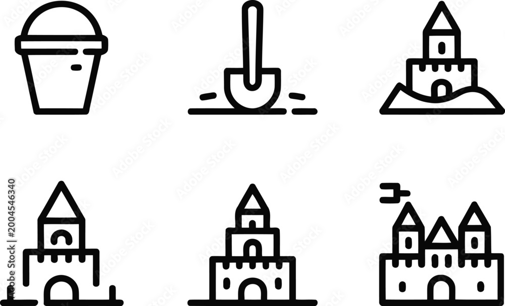 Fototapeta premium Sandcastle building elements vector line icons