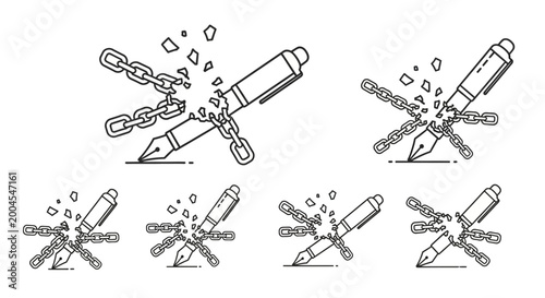 Freedom of speech concept with fountain pen breaking chains