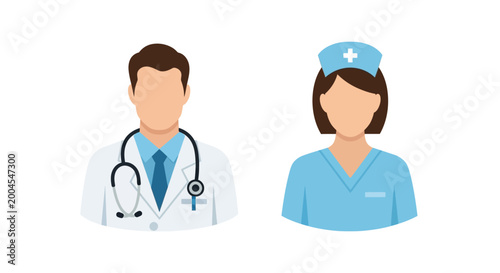 Flat vector icons of a male doctor and a female nurse isolated on white background