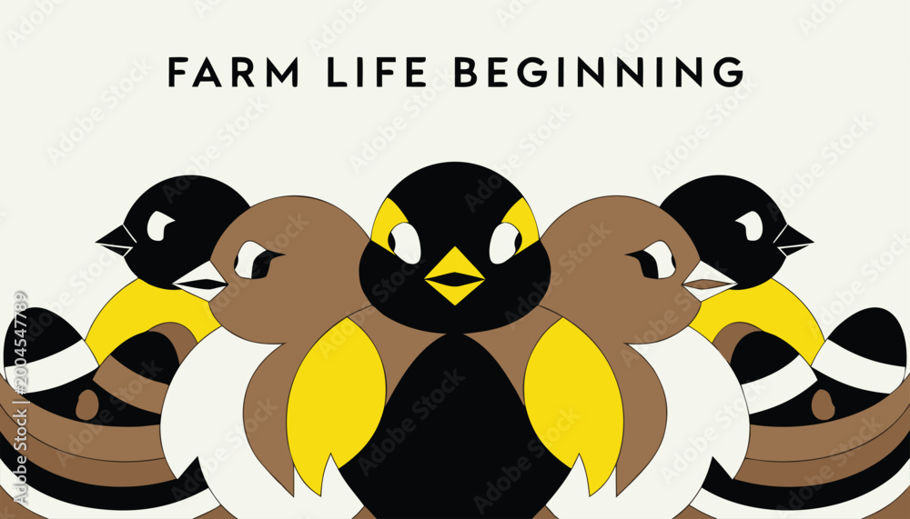 Fototapeta premium Illustration showing group of stylized farm birds gathered together with modern geometric art