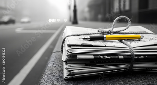 Yellow fountain pen resting on newspapers in foggy city