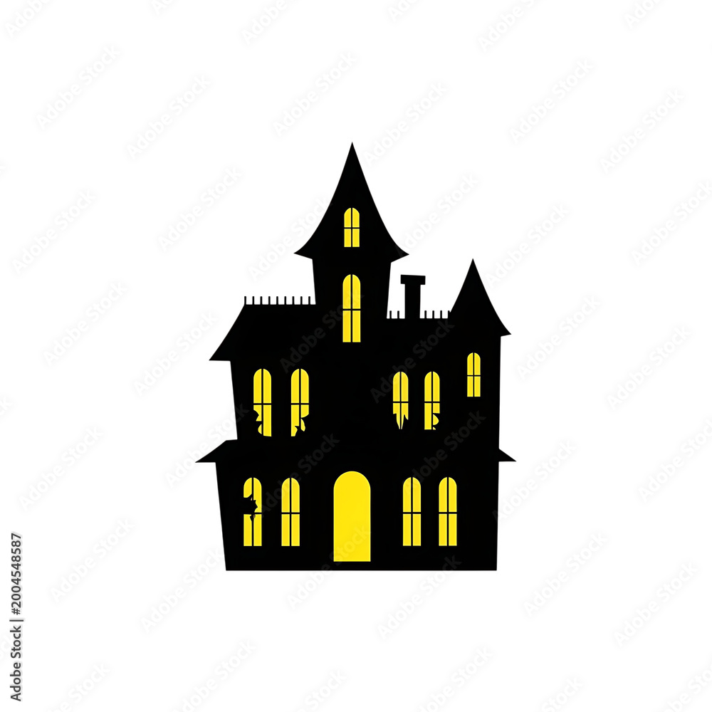 Fototapeta premium Silhouette of a haunted house with yellow windows.