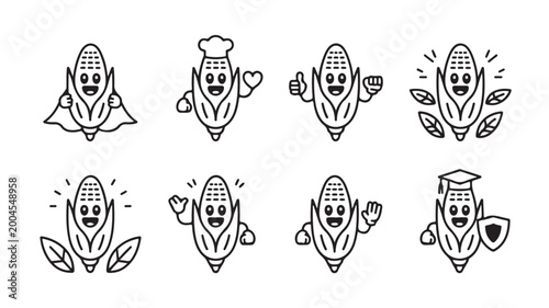 Cute cartoon corn character icons set