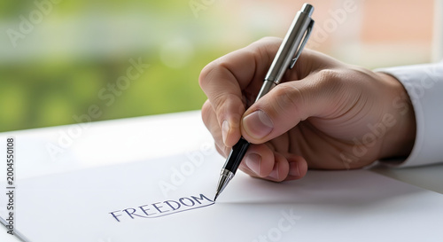 Person writing word freedom on white paper with pen