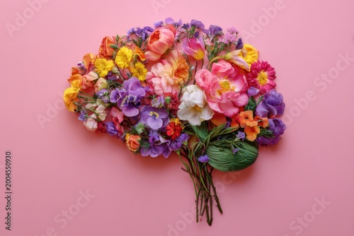 a creative floral arrangement in the shape of a brain on a pink background