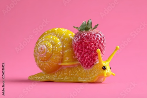 a whimsical yellow snail carries a ripe strawberry on its back against a pink background