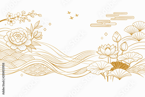 Elegant gold line art floral pattern on white background featuring abstract waves, flowing curves, lotus flowers, peony, cherry blossoms, and traditional Japanese motifs for luxury oriental design.