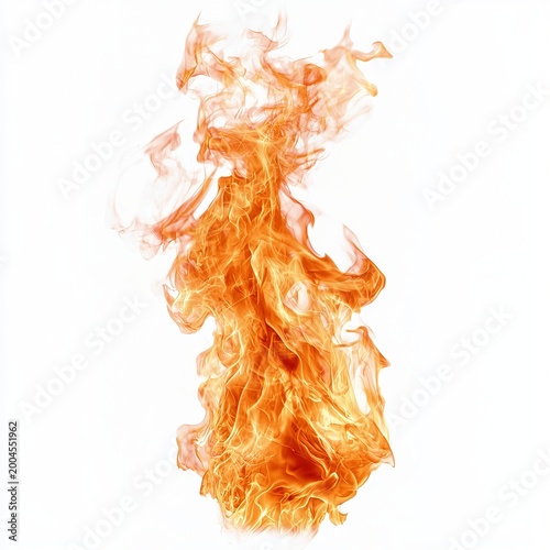 Vibrant orange realistic fire flame burning isolated on a white background.