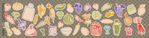 Set of hand drawn food icons. Vegetables, fruits, cheese, bread. Simple eco design. Vector menu, recipe, logo. Scrapbook, paper cut stile.	