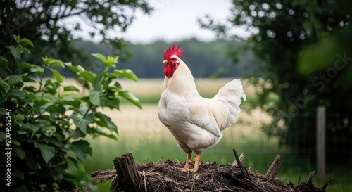 Proud rooster in a lush garden a portrait of rural life