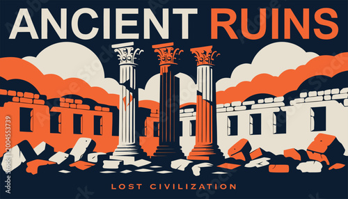 Konstfotografi Ancient ruins lost civilization, historical site with damaged architecture illus